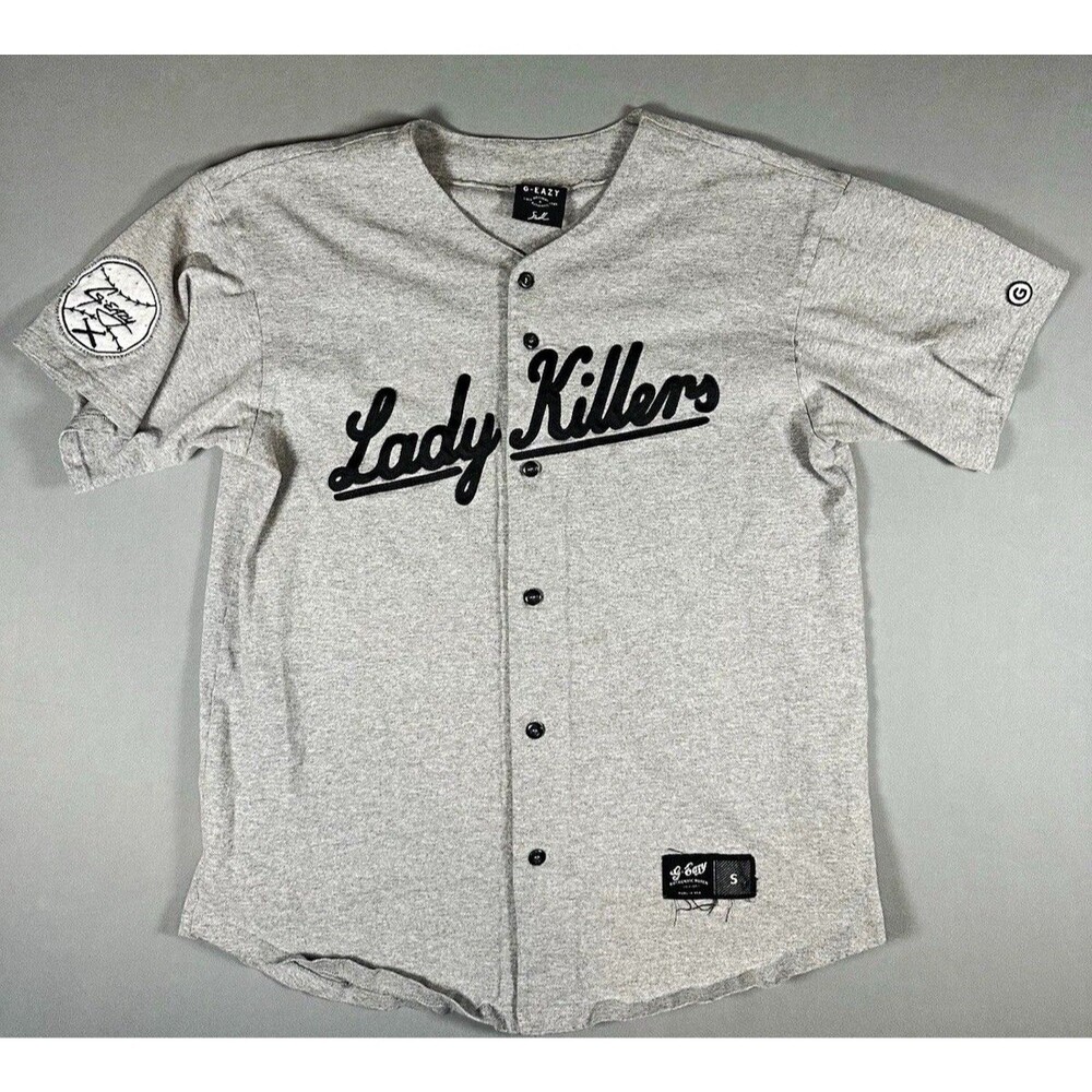 G-EAZY Lady Killers Gray Baseball Jersey Button Front V-Neck Cotton Men’s S